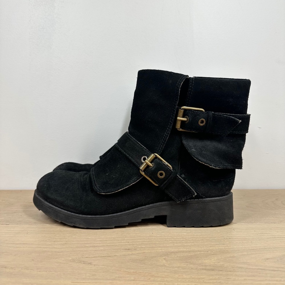 Nine West Boots Womens 9.5 Black Suede Ankle Biker Moto Buckle Lug Sole - Picture 2 of 11